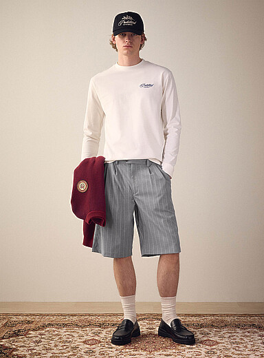 Grey banker stripe pleat Bermudas