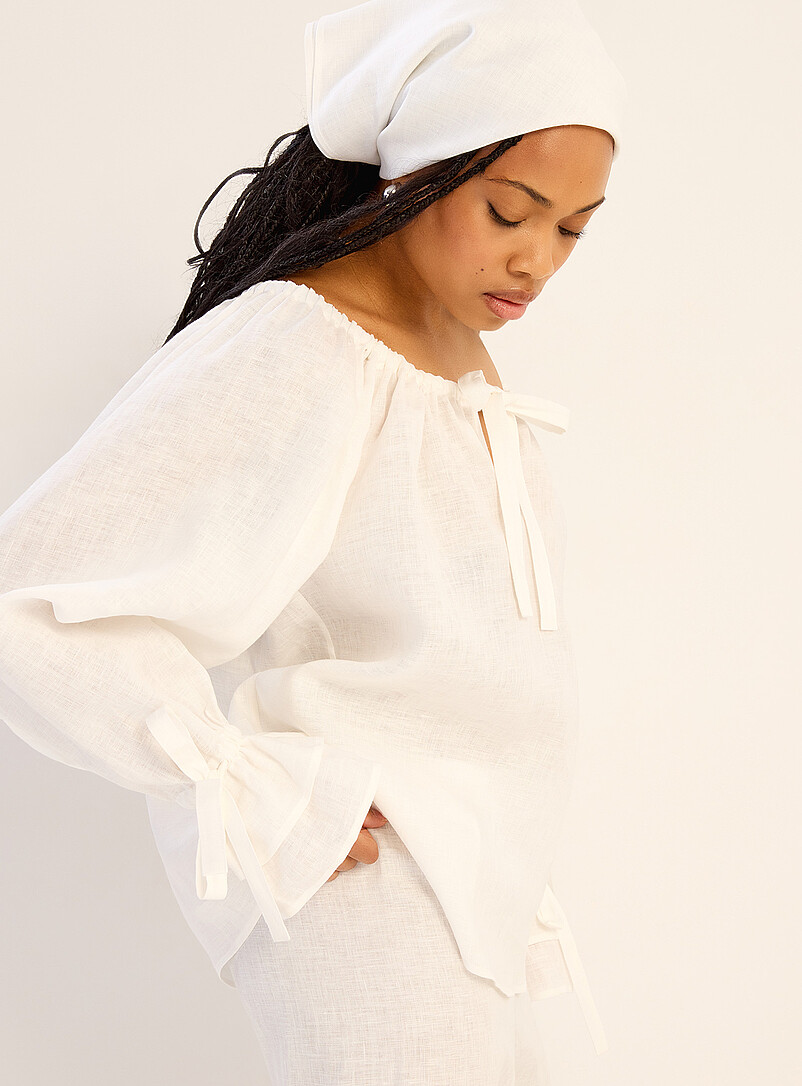 Ruffled pleated-collar pure linen blouse product image (primary)