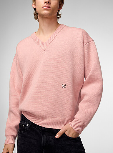 Willy Chavarria: Le chandail col V pure laine vieux rose Rose pour homme
