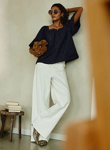 Ecru stretch jean <b>Fit: Wide leg, regular waist</b>
