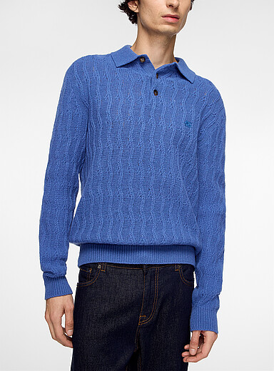 Etro Blue Wave-knit pure cashmere polo shirt for men