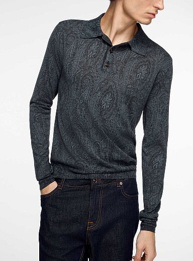 Etro Grey Paisley wool-silk polo shirt for men