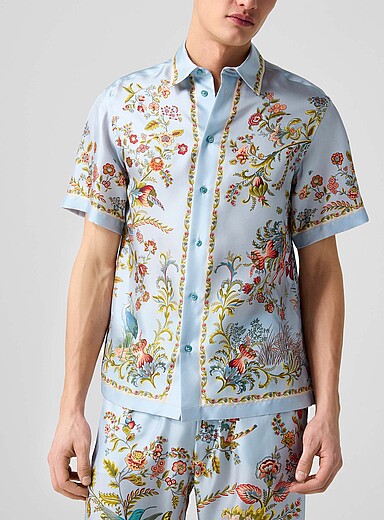 Etro: La chemise pure soie imprim&eacute; tropical Bleu p&acirc;le - Bleu ciel pour homme