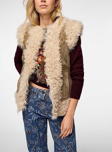 Etro Brown Peacock embroidery shearling vest for women