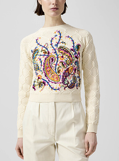 Etro: La chandail &agrave; broderies paisley pur coton Ivoire - Beige cr&egrave;me pour femme