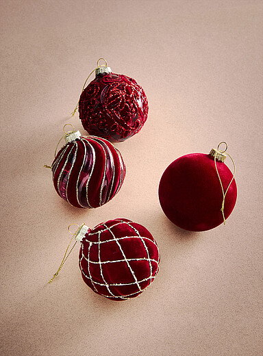 Les ornements boule de verre velours et brillant bordeaux Ensemble de 4 <b>Collection de No&euml;l</b>