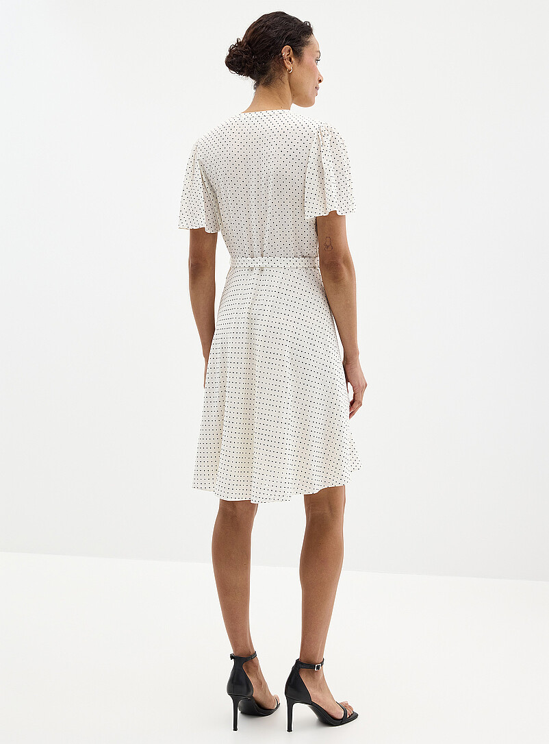 Contemporaine Patterned Ecru Silky polka dot pleated bib dress for women