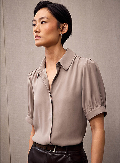 Contemporaine: La blouse col Claudine manches bouffantes Taupe pour femme