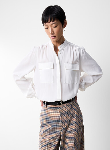 Flap pockets officer collar blouse