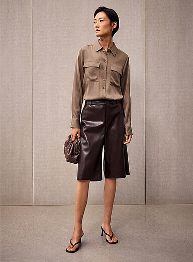 Supple faux-leather Bermudas <b>Fit: Wide leg, high rise</b>