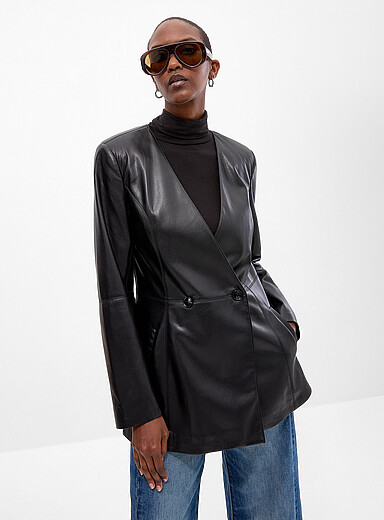 Contemporaine Black Double-breasted faux-leather jacket for women