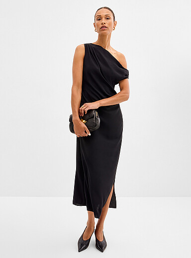 Contemporaine Black Asymmetrical draped collar crepe dress for women