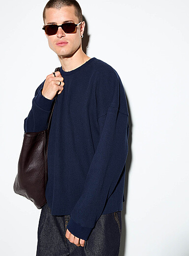 Le 31 Navy/Midnight Blue Worn waffled jersey T-shirt <b>Imported from Seoul</b> for men