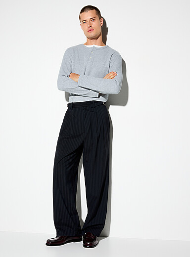 Le 31 Navy/Midnight Blue Banker-stripe double-pleat pant <b>Imported from Seoul</b> for men