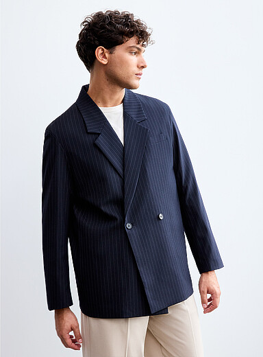 Le 31 Navy/Midnight Blue Banker-stripe boxy blazer <b>Imported from Seoul</b> for men