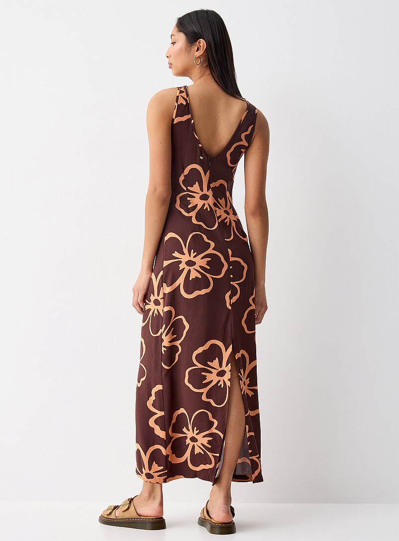 Twik Patterned Brown Orange hibiscus maxi dress for women