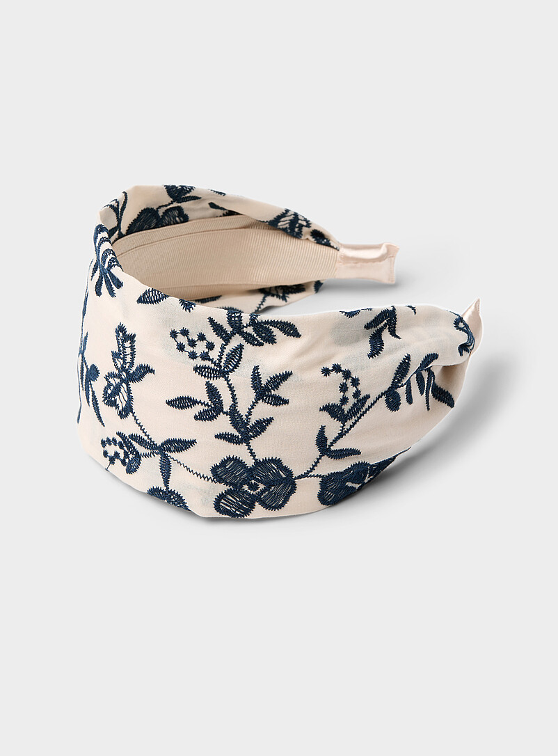 Denim-like embroidered flower wide headband product image (primary)