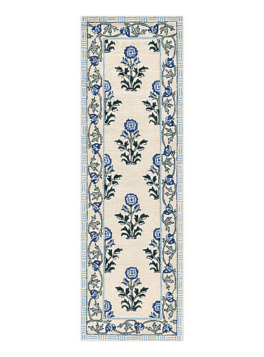 Momeni: Le tapis de couloir artisanal fleurs bleues Cotswold 75 x 245 cm Bleu &agrave; motifs