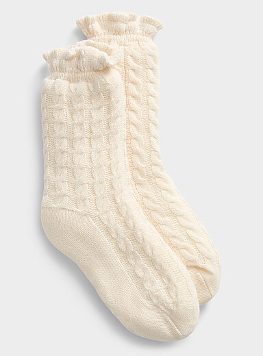 Miiyu: La chaussette-pantoufle torsades <b>Collection de No&euml;l</b> Ivoire - Beige cr&egrave;me pour femme