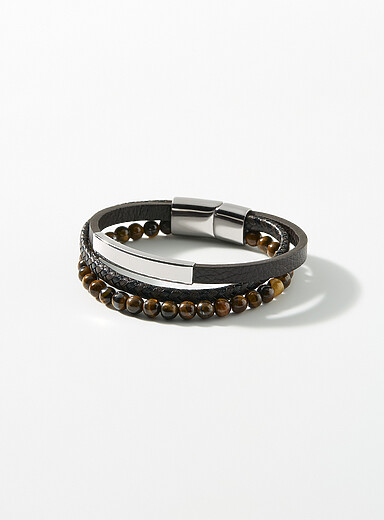 Three-row leather and metal bracelet