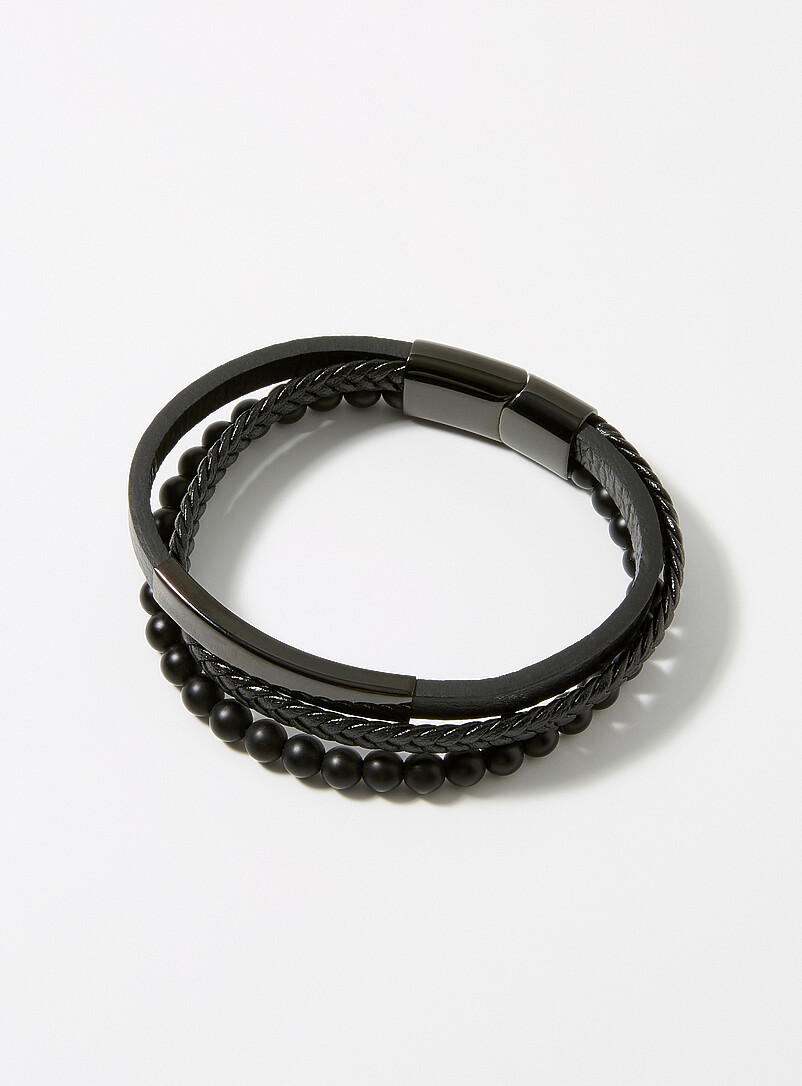 Three-row leather and metal bracelet product image (primary)