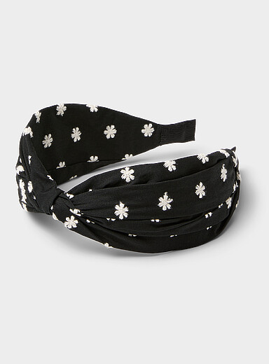 Embroidered flower knotted wide headband