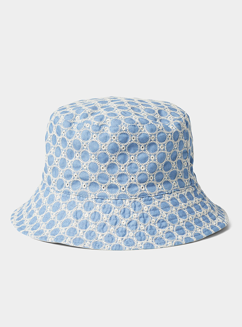 Le 31 Patterned Blue Embroidered circle denim bucket hat for men