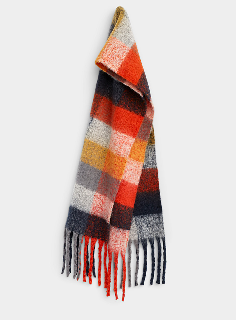 Le 31 Patterned Orange Flecked check fluffy scarf for men