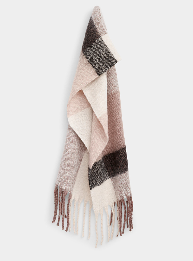 Le 31 Patterned beige Neutral check fluffy scarf for men