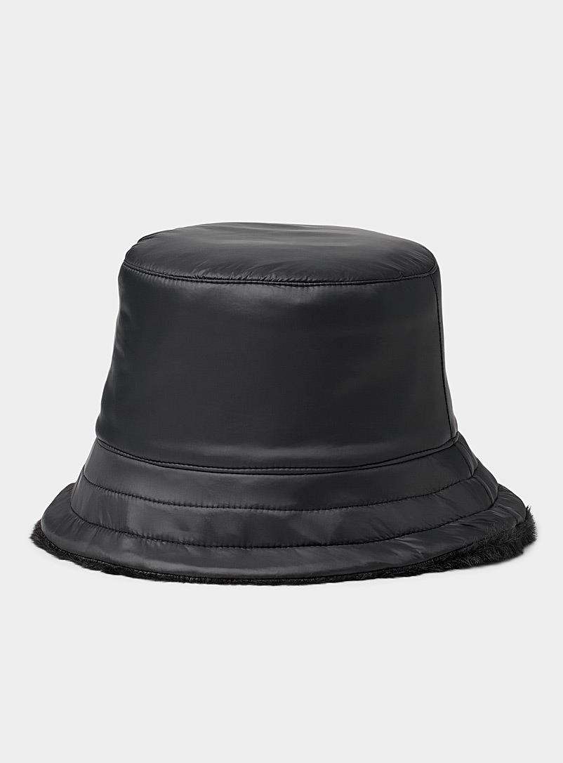 Simons Black Faux-fur lined nylon bucket hat for women