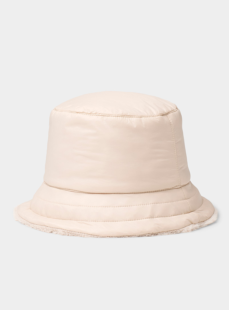 Simons Cream Beige Faux-fur lined nylon bucket hat for women