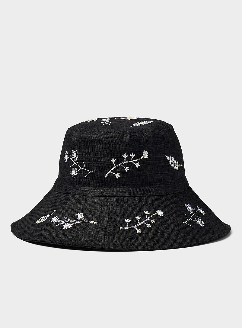 Simons Patterned Black Floral embroidery pure linen bucket hat for women