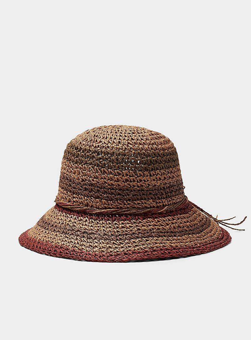 Simons Patterned Brown Burgundy stripe crochet straw cloche for women