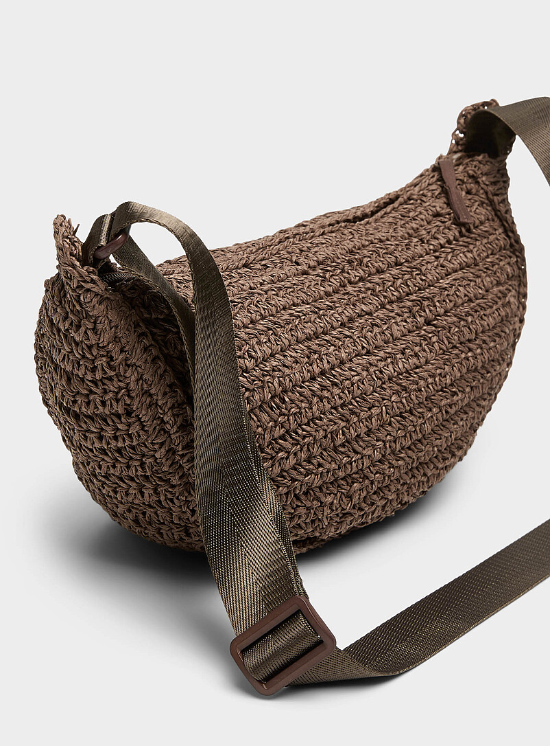 Simons Ivory/Cream Beige Half-moon braided straw crossbody bag for women