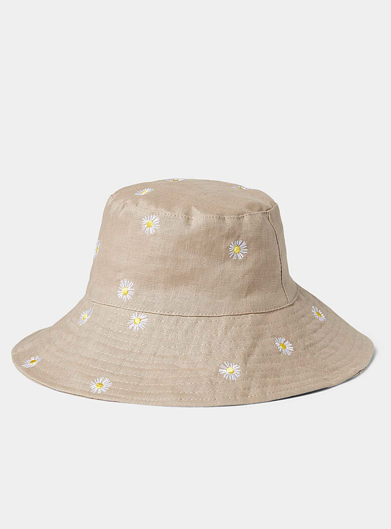 Simons Cream Beige Embroidered daisy pure linen bucket hat for women