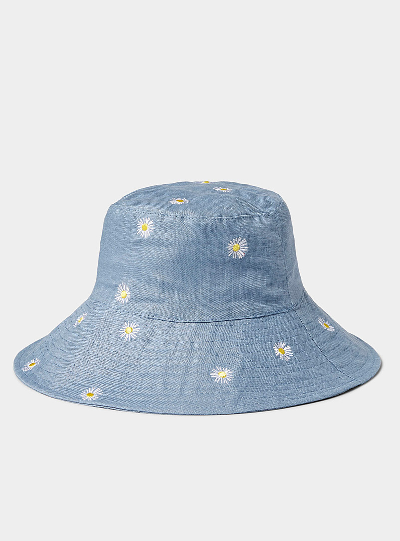 Simons Baby Blue Embroidered daisy pure linen bucket hat for women