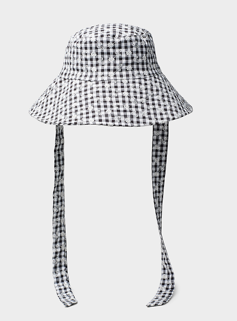 Embroidered gingham wide-brim tie bucket hat product image 2