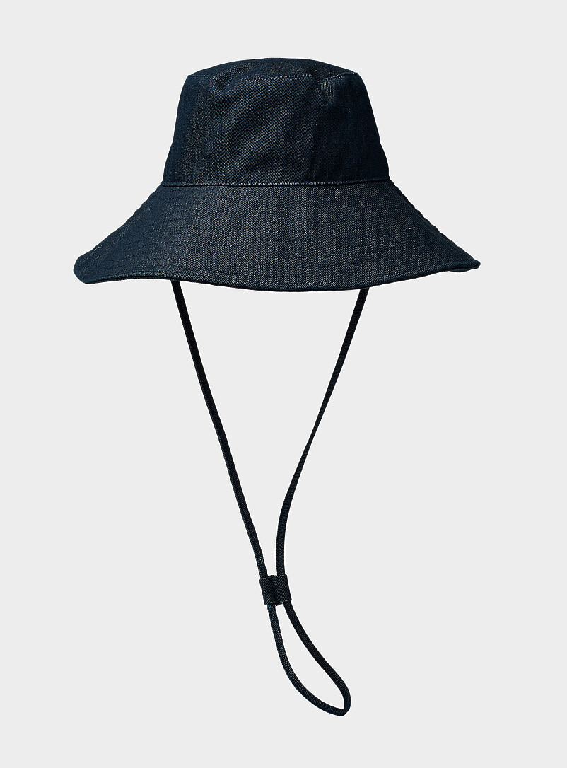 Wide-brim denim bucket hat with drawstring product image (primary)