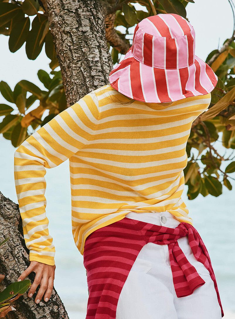 Parasol-Stripe Wide-Cuff Reversible Bucket Hat