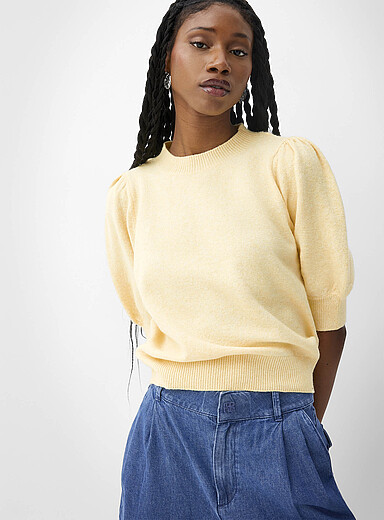 Vero Moda: Le chandail moelleux manches courtes bouffantes Jaune ma&iuml;s - Vanille pour femme