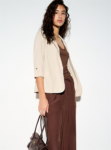 Cropped linen-blend open blazer