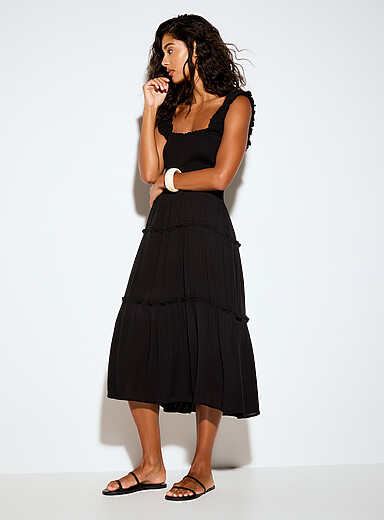 Crinkled-texture smocked-bust tiered dress