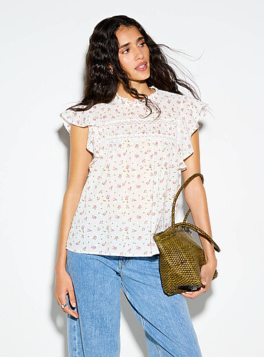 Crochet and Swiss dot ruffled collar blouse