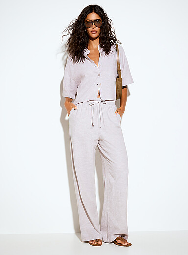 Linen blend elastic-waistband wide-leg pant