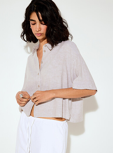 Linen-blend loose cropped shirt