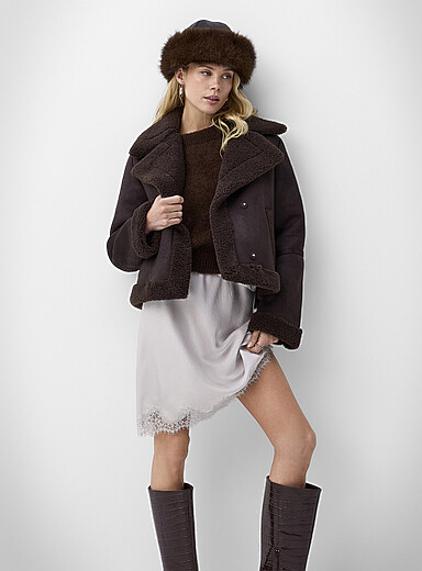 Vero Moda Chocolate/Espresso Faux-shearling notched collar cropped coat for women