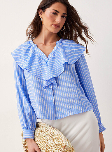 Striped crinkled-texture ruffled V-neck blouse | Vero Moda | | Simons