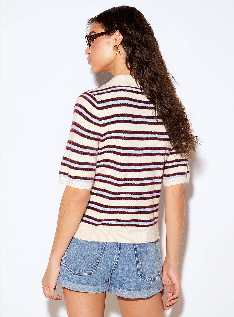 Vero Moda Patterned White Plush knit striped cropped polo shirt for women