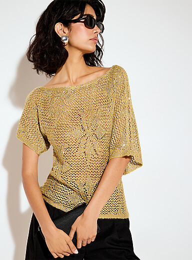 Sequined crocheted boat-neck sweater