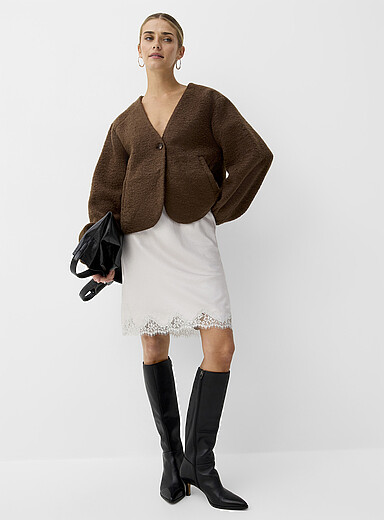 Vero Moda Chocolate/Espresso Single-button high-pile fleece V-neck jacket for women